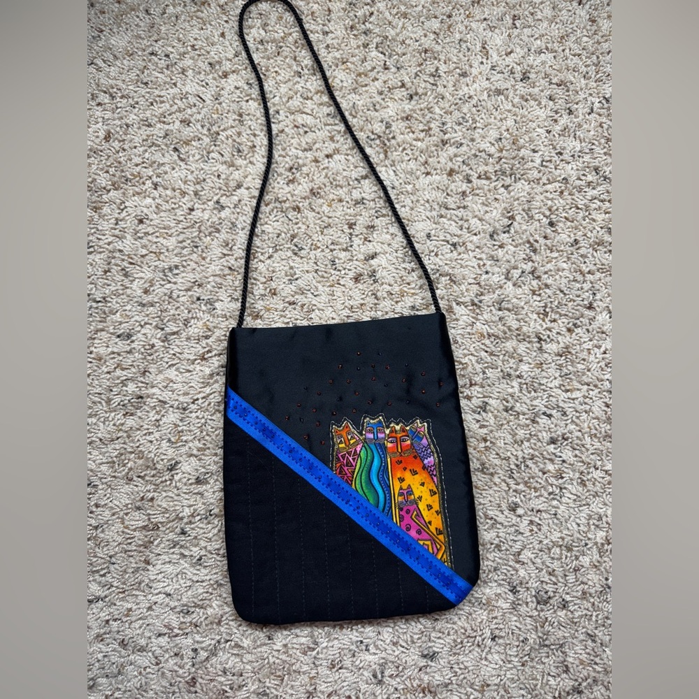 Laurel Burch Style Handmade Colorful Cat Design Black Fabric Shoulder Bag
